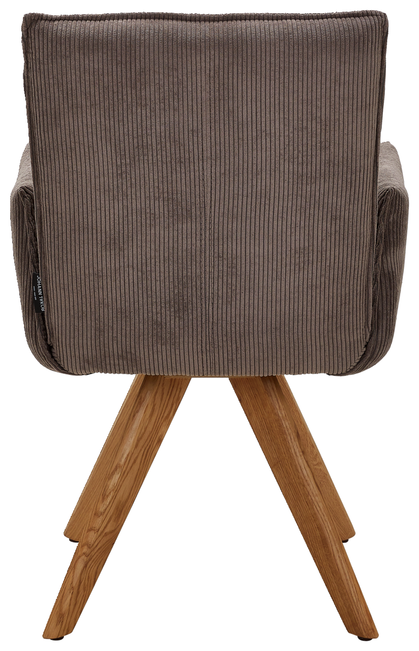 Johann Jakob Armlehnstuhl CALAS Rückansicht eines Armlehnstuhls mit braunem Stoffbezug und Holzbeinen