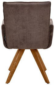 Rückansicht eines Armlehnstuhls mit braunem Stoffbezug und Holzbeinen