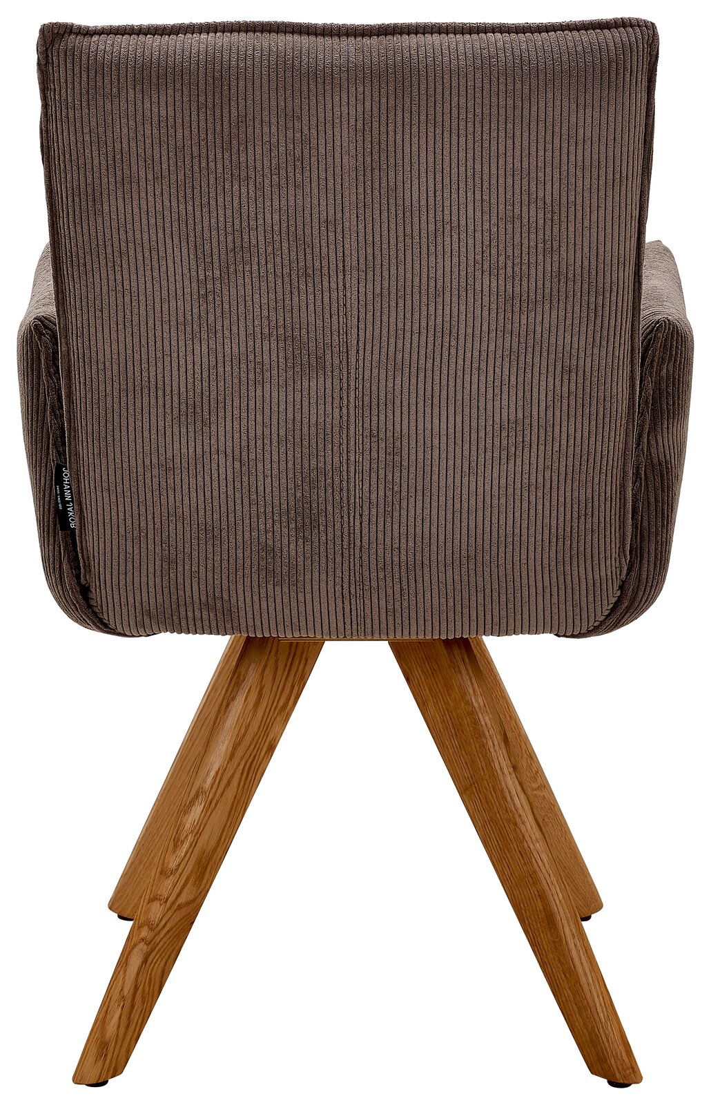 Rückansicht eines Armlehnstuhls mit braunem Stoffbezug und Holzbeinen