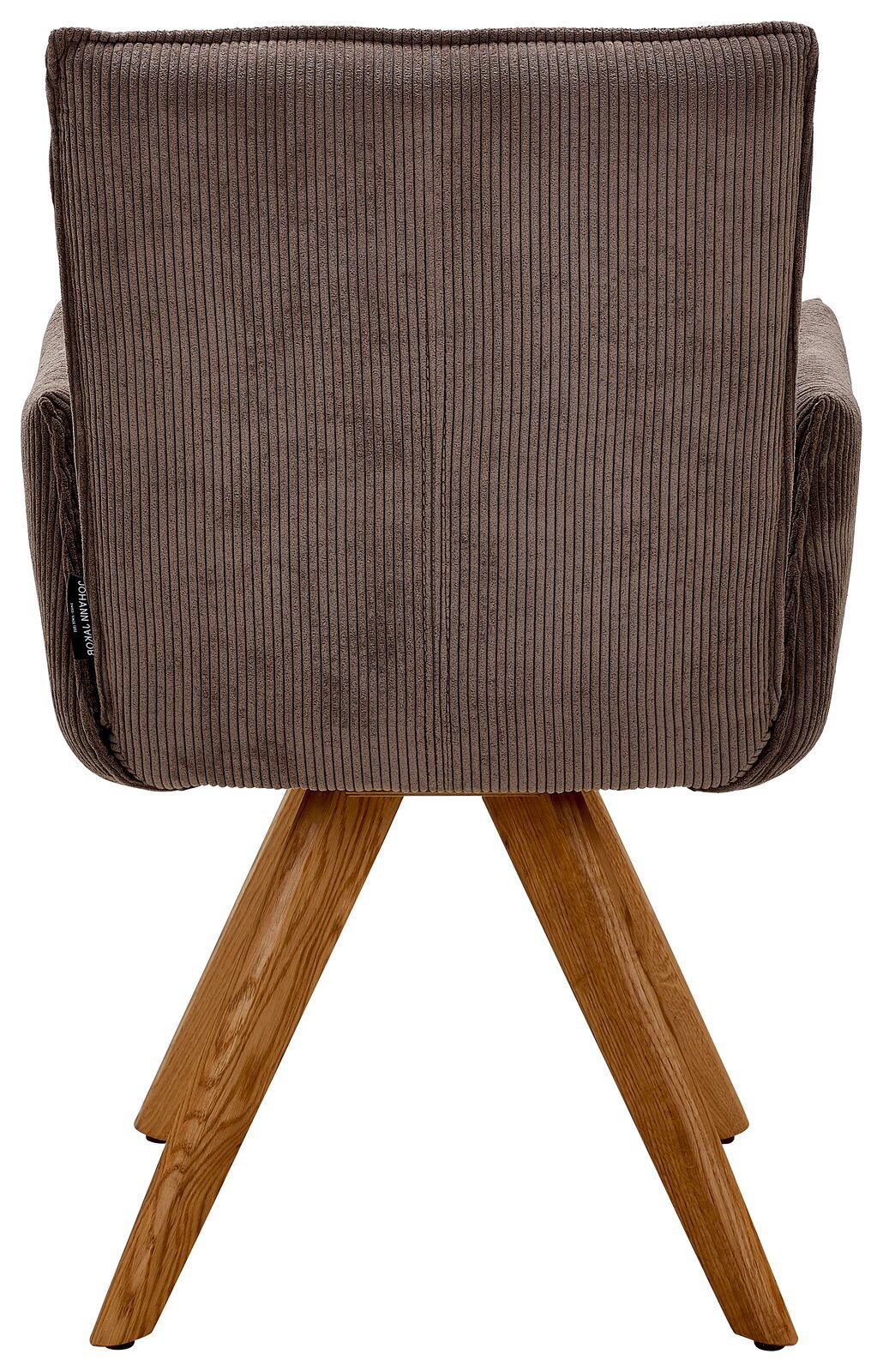 Johann Jakob Armlehnstuhl CALAS Rückansicht eines Armlehnstuhls mit braunem Stoffbezug und Holzbeinen