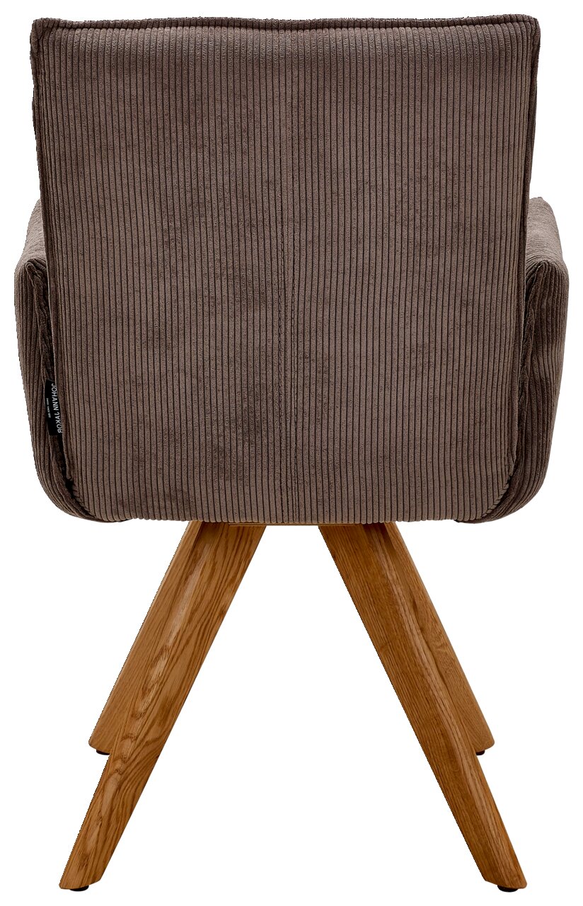 Johann Jakob Armlehnstuhl CALAS Rückansicht eines Armlehnstuhls mit braunem Stoffbezug und Holzbeinen