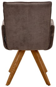 Rückansicht eines Armlehnstuhls mit braunem Stoffbezug und Holzbeinen