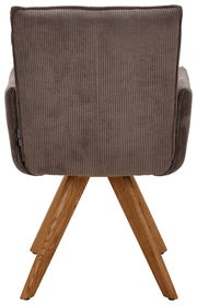 Rückansicht eines Armlehnstuhls mit braunem Stoffbezug und Holzbeinen