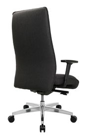 Rückansicht eines XL-Drehstuhls mit schwarzem Stoffbezug und verstellbaren Armlehnen auf einem stabilen Metallfuß mit Rollen.