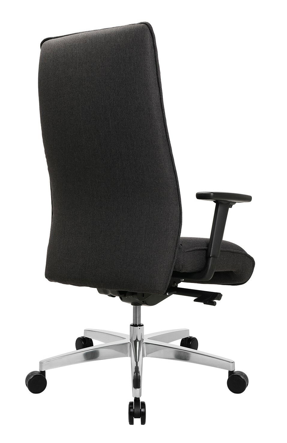 Rückansicht eines XL-Drehstuhls mit schwarzem Stoffbezug und verstellbaren Armlehnen auf einem stabilen Metallfuß mit Rollen.