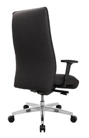 Rückansicht eines XL-Drehstuhls mit schwarzem Stoffbezug und verstellbaren Armlehnen auf einem stabilen Metallfuß mit Rollen.