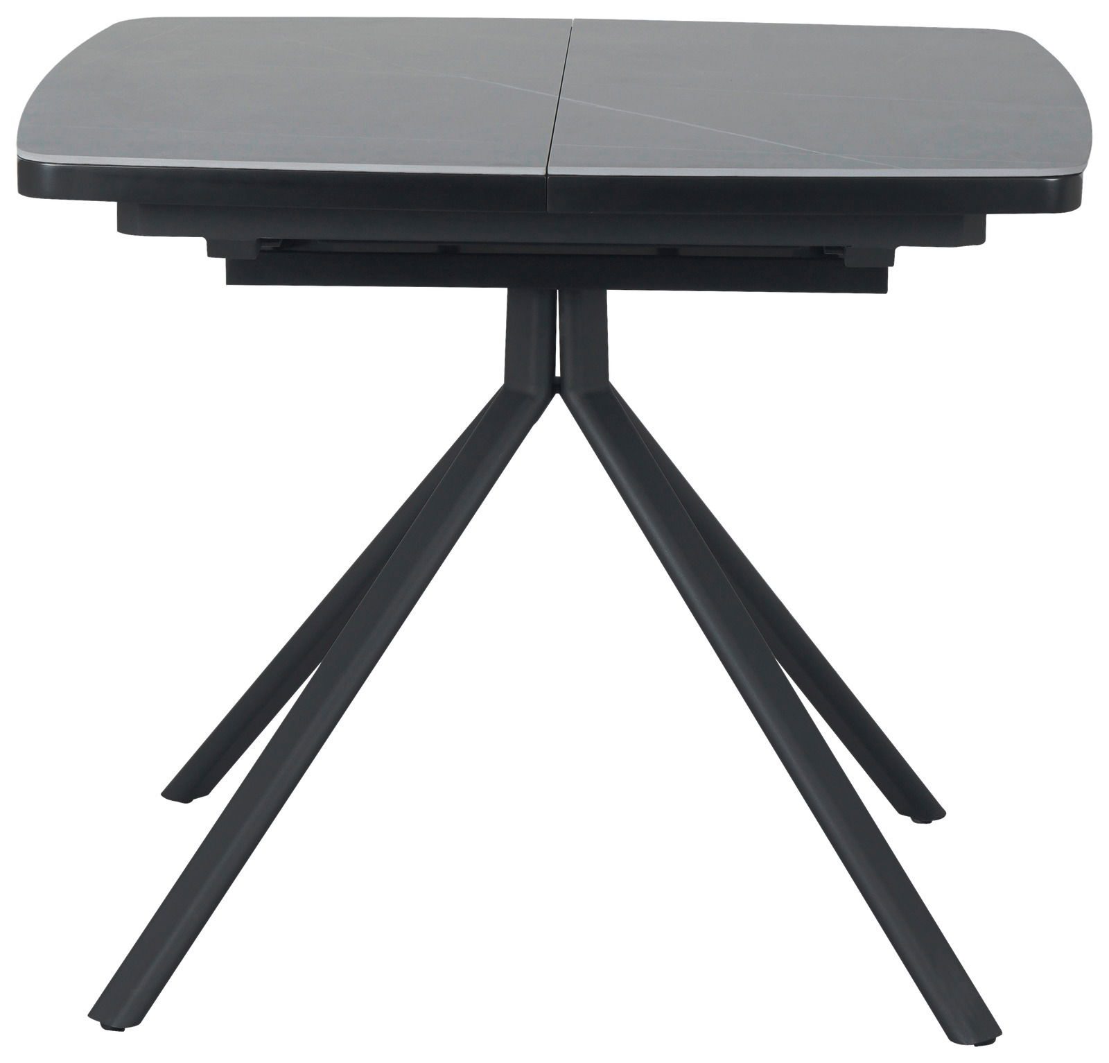 Moderner Esstisch mit schwarzer Tischplatte und vier schrägen Beinen, Frontalansicht.