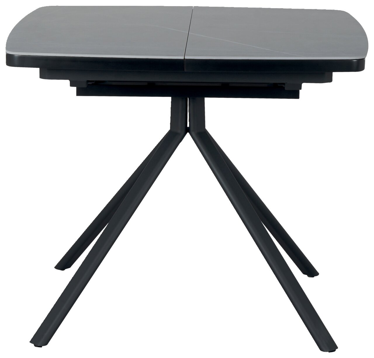 Moderne eettafel met zwart tafelblad en vier schuine poten, gezien van voren.