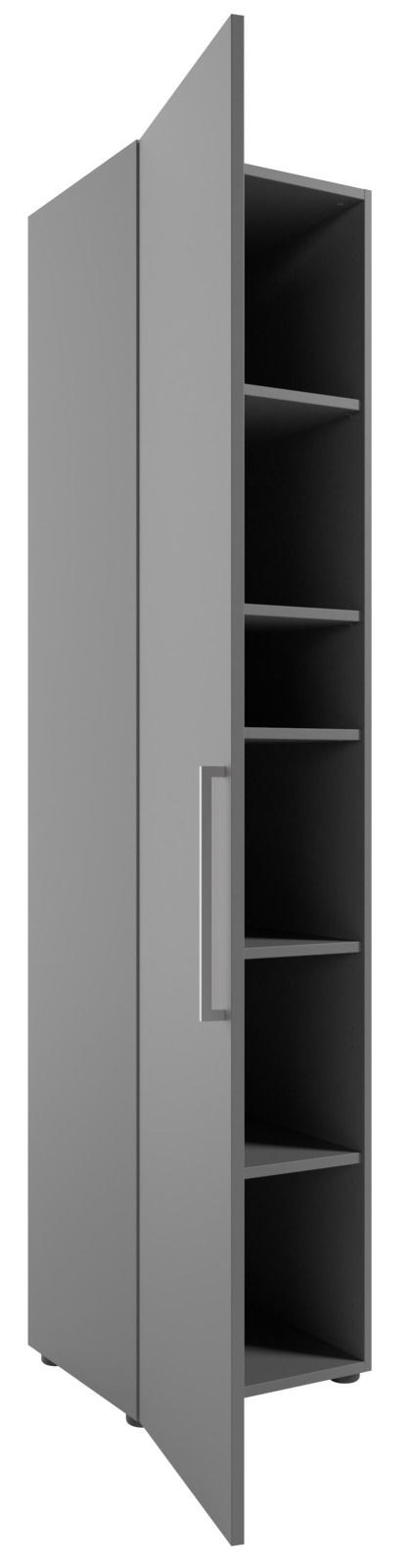 Grauer, hoher Aktenschrank mit geöffneter Tür, fünf Einlegeböden sichtbar, Perspektive von vorne links.