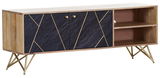 TV-Lowboard aus Holz mit geometrischen Mustern auf den Türen, goldenen Beinen und offenen Regalfächern, seitliche Perspektive