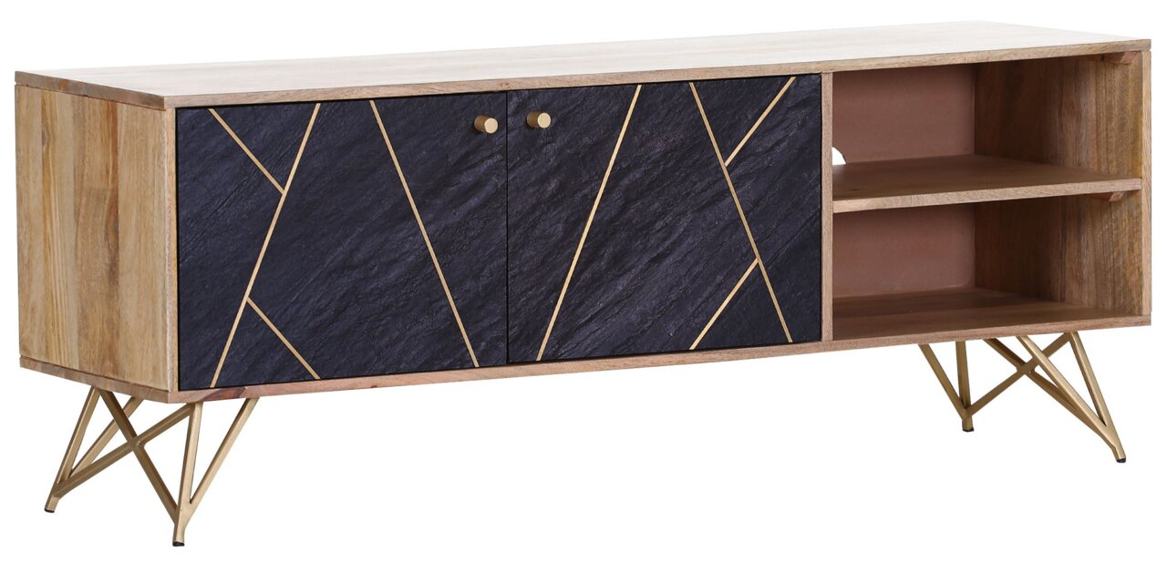 TV-Lowboard aus Holz mit geometrischen Mustern auf den Türen, goldenen Beinen und offenen Regalfächern, seitliche Perspektive