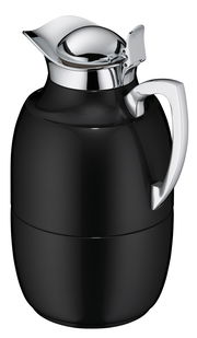 Schwarze Isolierkanne Juwel mit glänzendem Chromdeckel und -griff, seitliche Perspektive
