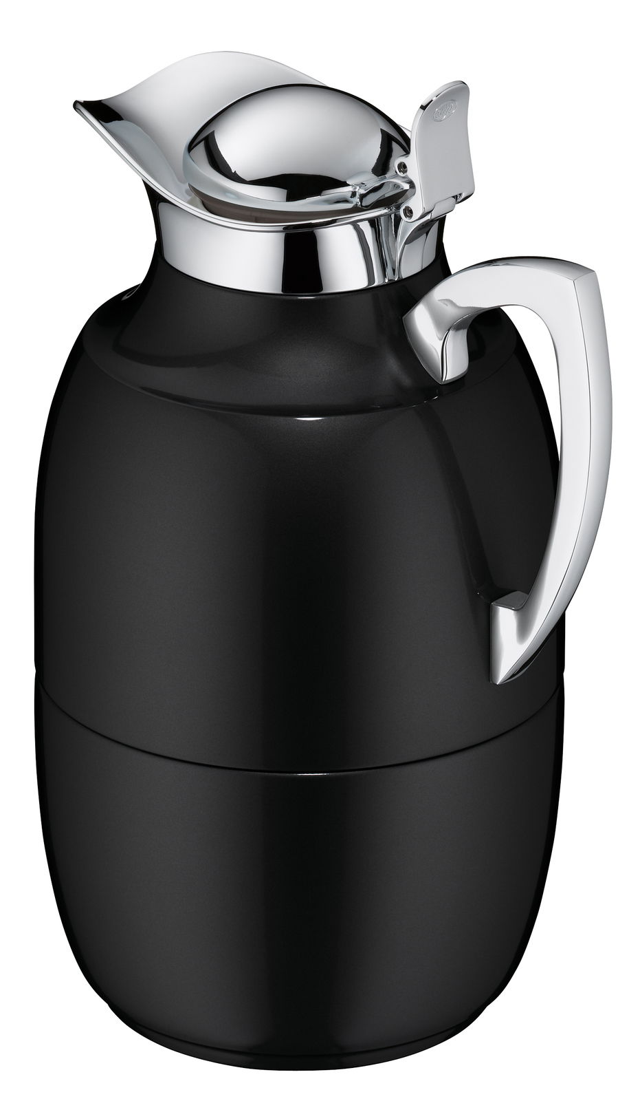 Schwarze Isolierkanne Juwel mit glänzendem Chromdeckel und -griff, seitliche Perspektive