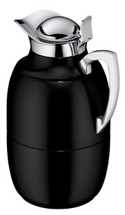 Schwarze Isolierkanne Juwel mit glänzendem Chromdeckel und -griff, seitliche Perspektive