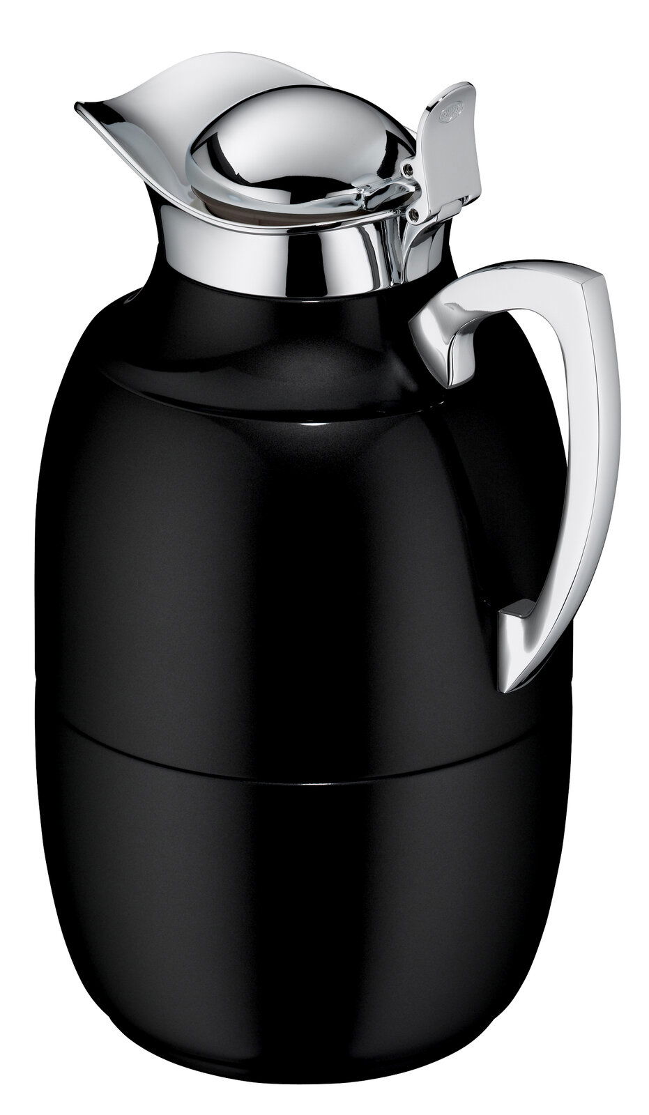 Schwarze Isolierkanne Juwel mit glänzendem Chromdeckel und -griff, seitliche Perspektive