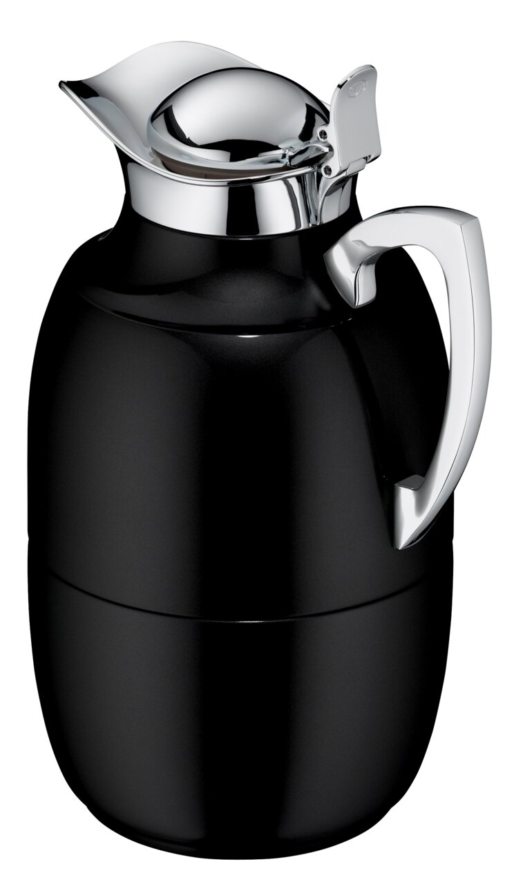 Schwarze Isolierkanne Juwel mit glänzendem Chromdeckel und -griff, seitliche Perspektive