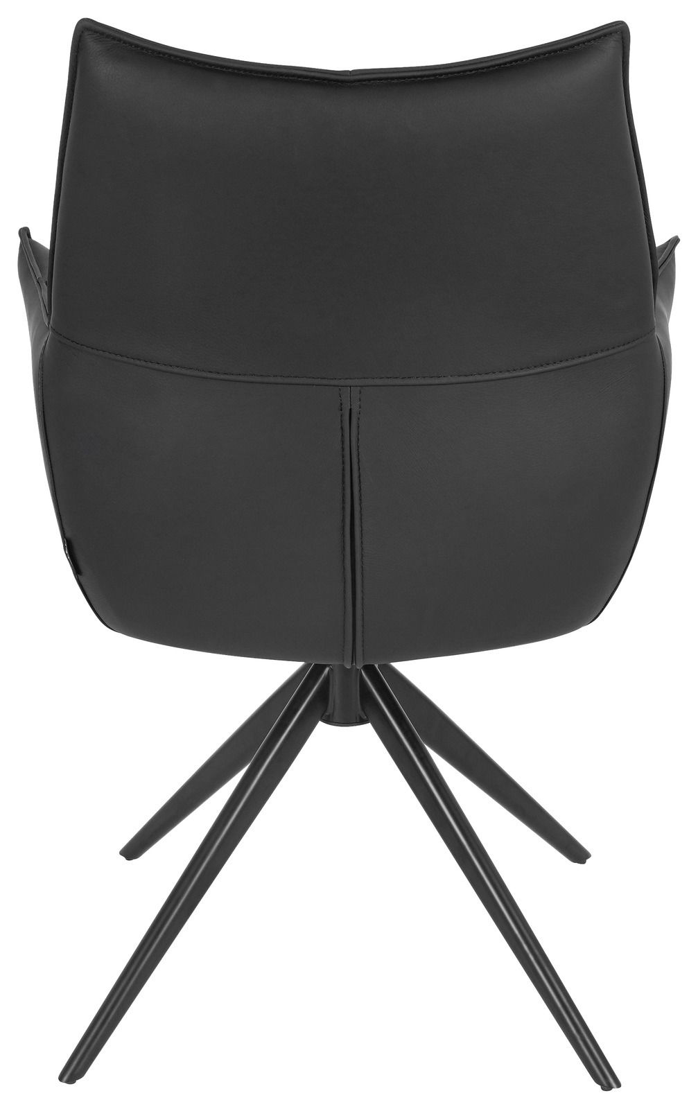 Rückansicht eines schwarzen Armlehnstuhls mit vierbeinigem Metallgestell