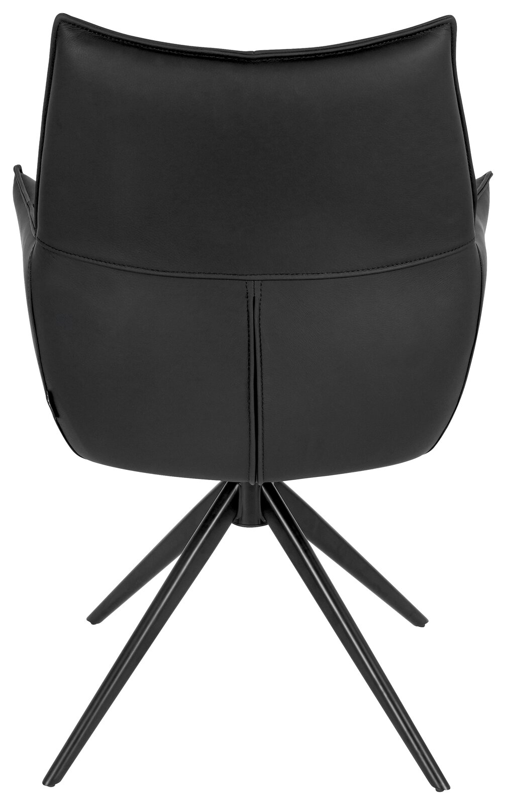 Rückansicht eines schwarzen Armlehnstuhls mit vierbeinigem Metallgestell