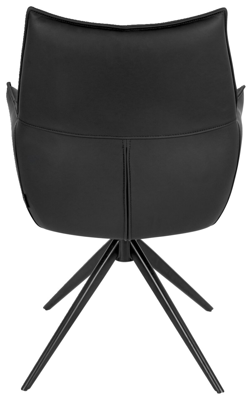 Achterkant van een zwarte fauteuil met een metalen onderstel met vier poten