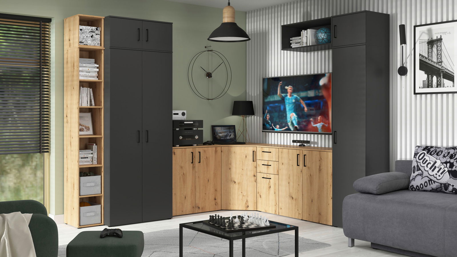 Carryhome Plank MULTISTAURAUM Wohnzimmermöbel-Set in moderner Perspektive mit schwarzen und holzfarbenen Elementen, bestehend aus Schränken, Regalen und einem TV-Schrank.