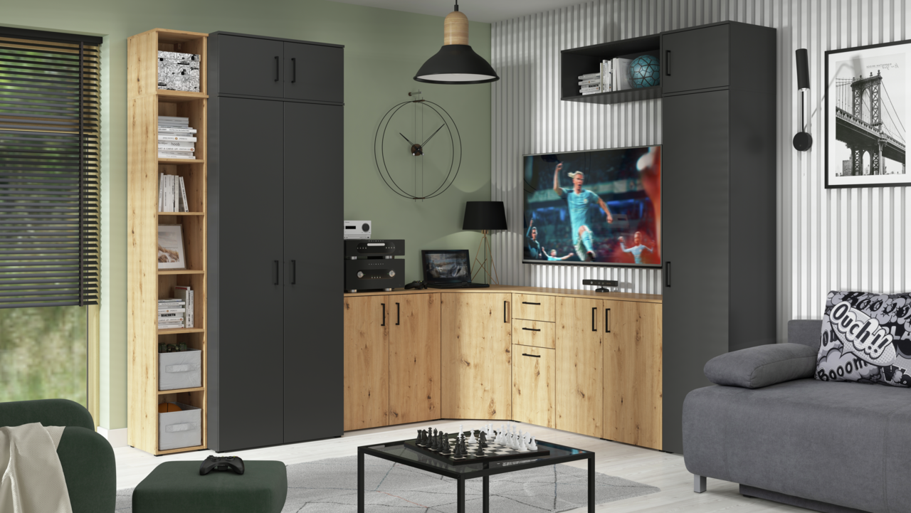Carryhome Kommode MULTISTAURAUM Wohnzimmermöbel-Set in moderner Perspektive mit schwarzen und holzfarbenen Elementen, bestehend aus Schränken, Regalen und einem TV-Schrank.