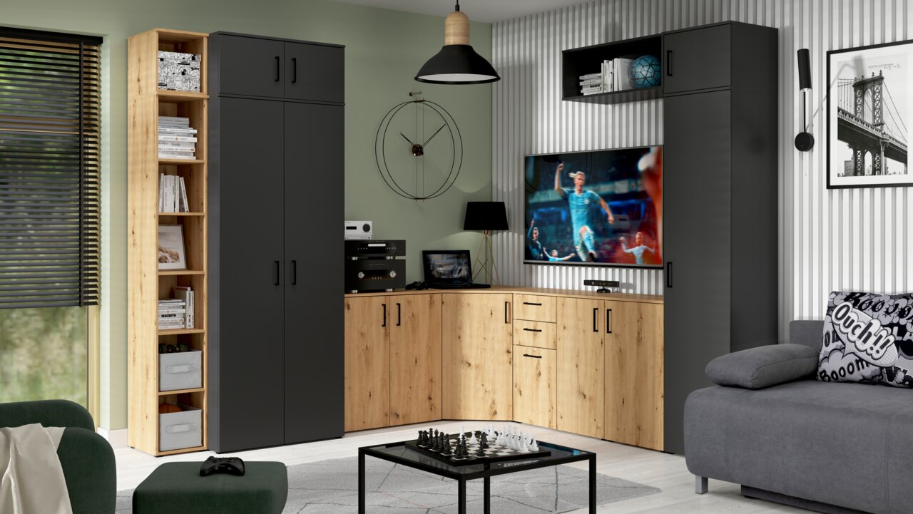 Carryhome Regal MULTISTAURAUM Wohnzimmermöbel-Set in moderner Perspektive mit schwarzen und holzfarbenen Elementen, bestehend aus Schränken, Regalen und einem TV-Schrank.