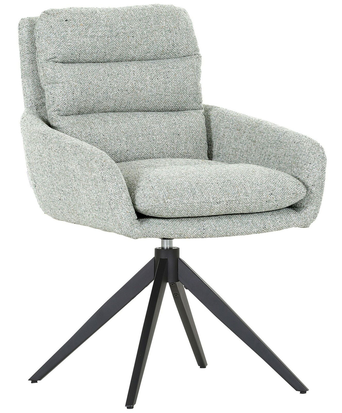 Moderner Armlehnstuhl LEIA mit grauem Stoffbezug und schwarzem Metallgestell, seitliche Perspektive