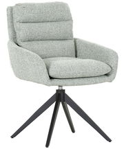 Moderner Armlehnstuhl LEIA mit grauem Stoffbezug und schwarzem Metallgestell, seitliche Perspektive