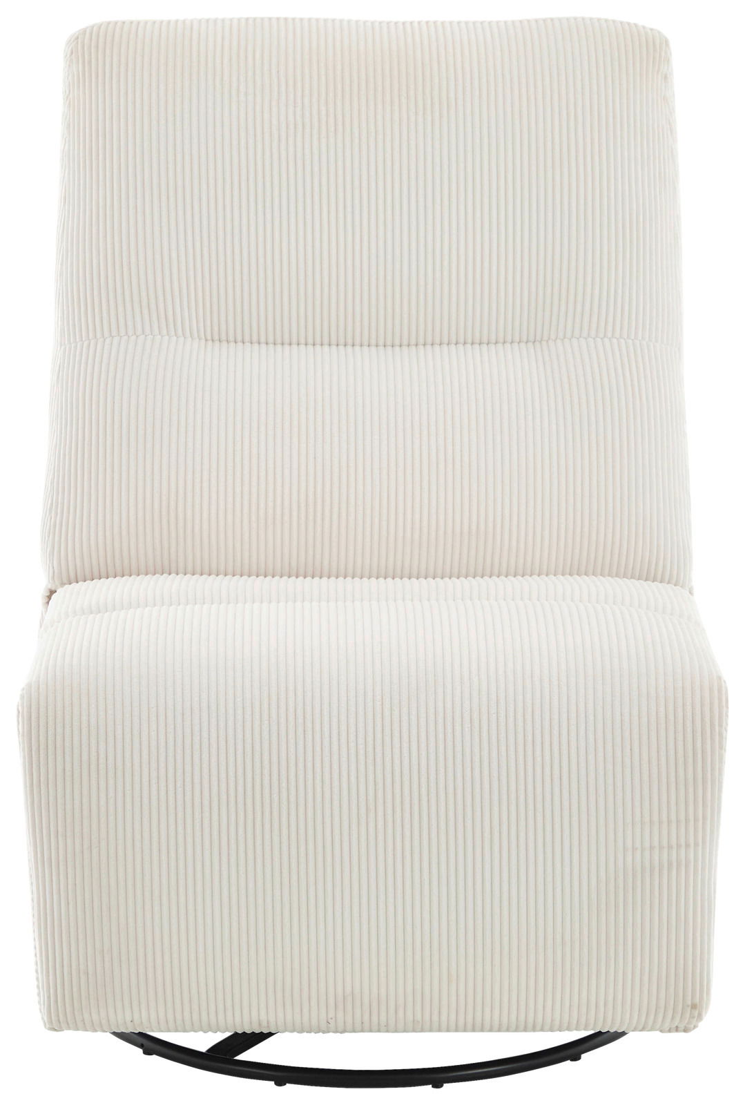 Frontansicht eines cremefarbenen Relaxsessels mit geripptem Stoffbezug und modernem Design.