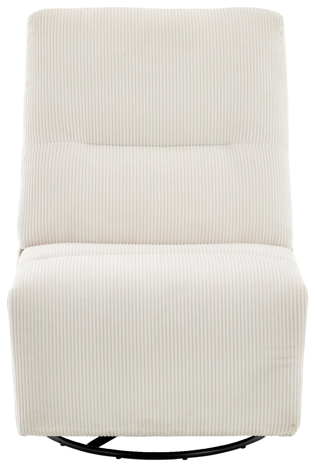 Frontansicht eines cremefarbenen Relaxsessels mit geripptem Stoffbezug und modernem Design.