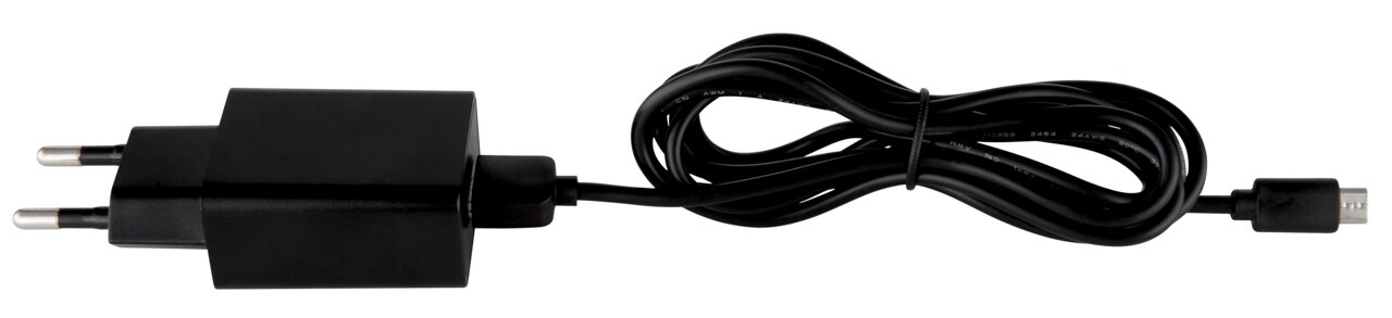 Schwarzes Netzteil mit Kabel, seitliche Ansicht