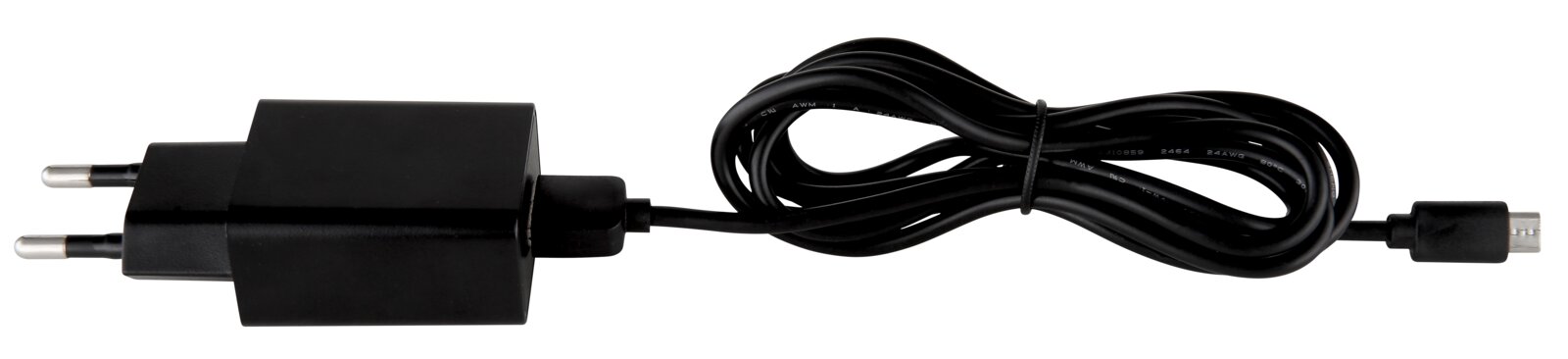 Schwarzes Netzteil mit Kabel, seitliche Ansicht