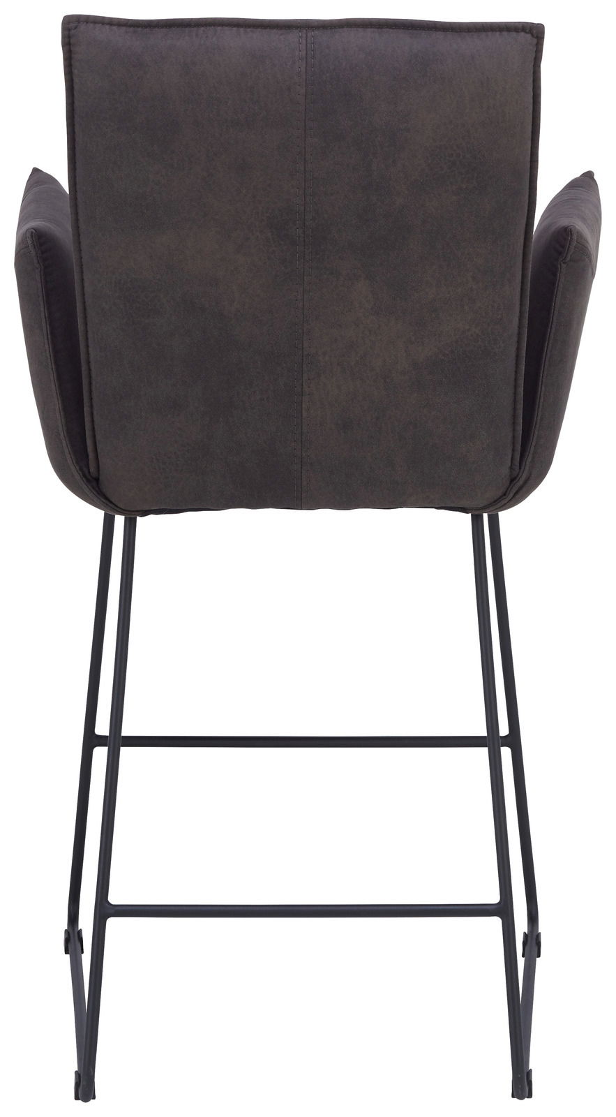 Rückansicht eines Barsessels mit dunklem Stoffbezug und schwarzem Metallgestell.