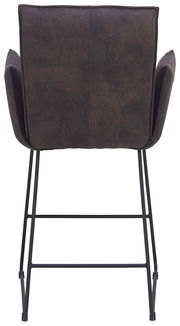 Rückansicht eines Barsessels mit dunklem Stoffbezug und schwarzem Metallgestell.