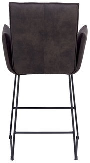 Rückansicht eines Barsessels mit dunklem Stoffbezug und schwarzem Metallgestell.