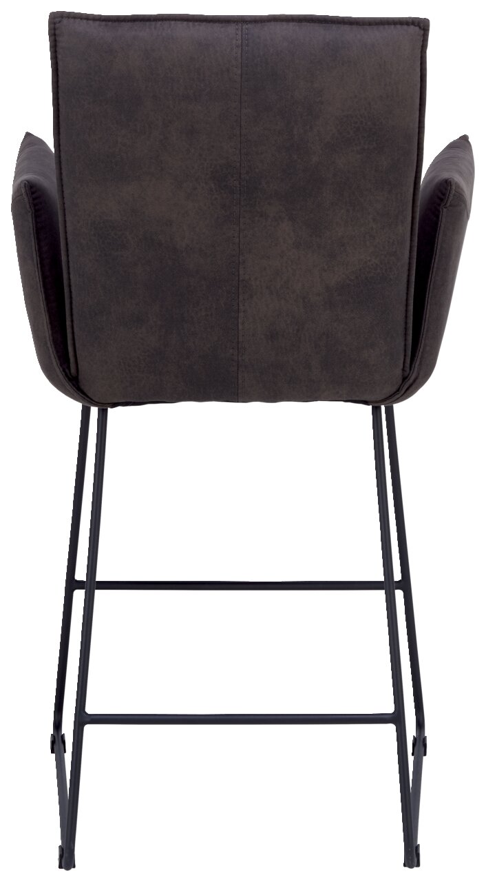 Rückansicht eines Barsessels mit dunklem Stoffbezug und schwarzem Metallgestell.