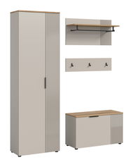 Garderobenkombination bestehend aus einem hohen Schrank, einer Wandgarderobe mit Haken und Ablage sowie einer Sitzbank, frontal abgebildet.