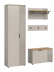 Garderobenkombination bestehend aus einem hohen Schrank, einer Wandgarderobe mit Haken und Ablage sowie einer Sitzbank, frontal abgebildet.