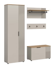 Garderobenkombination bestehend aus einem hohen Schrank, einer Wandgarderobe mit Haken und Ablage sowie einer Sitzbank, frontal abgebildet.