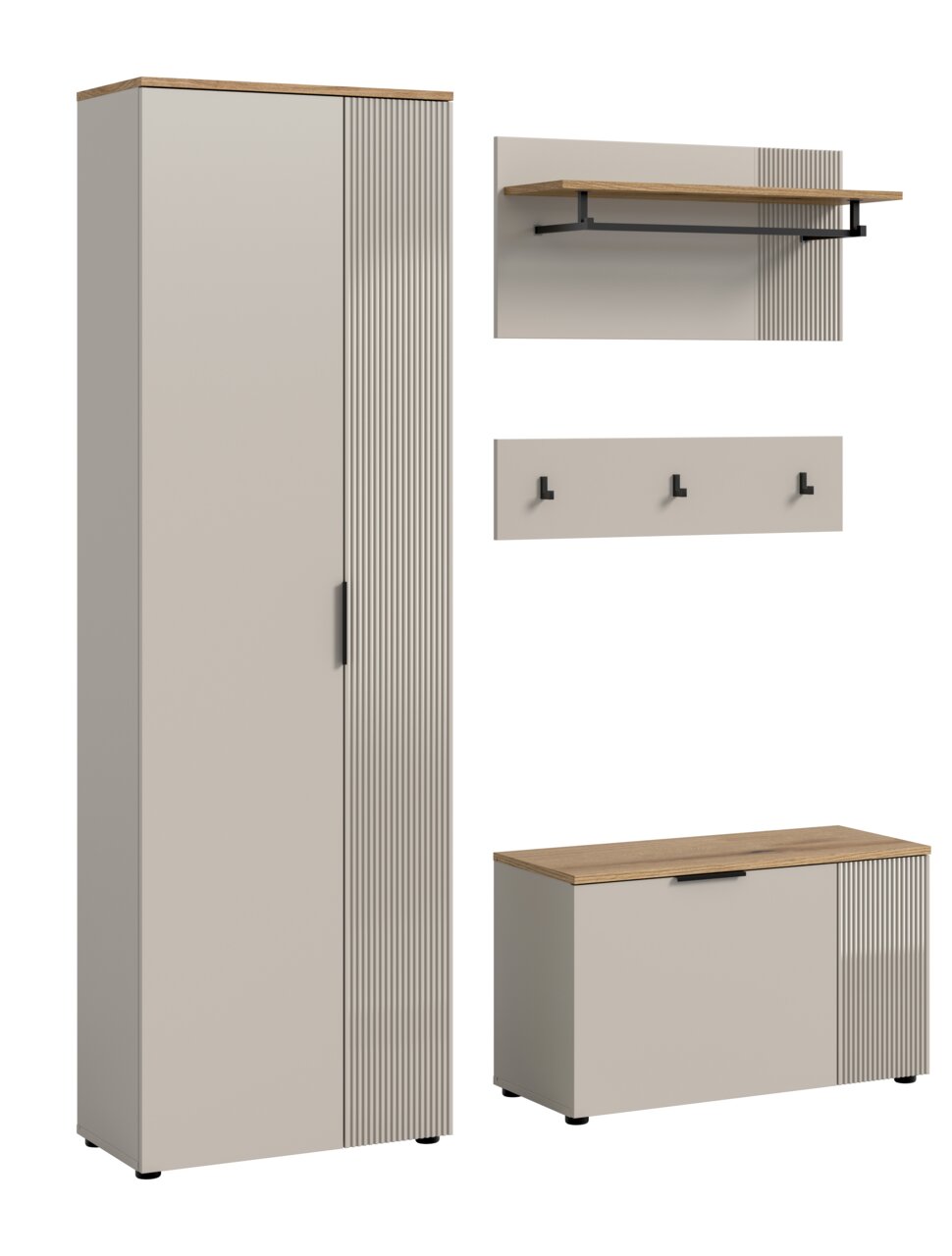 Garderobenkombination bestehend aus einem hohen Schrank, einer Wandgarderobe mit Haken und Ablage sowie einer Sitzbank, frontal abgebildet.