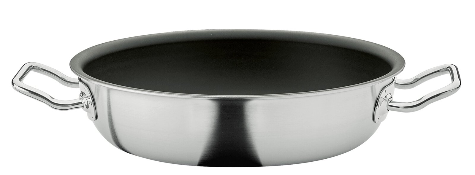 Spring Serveerpan XL 24 cm BRIGADE ULTIMATE Roestvrijstalen lage braadpan/serveerpan met zwarte antiaanbaklaag en twee handgrepen, zijaanzicht op witte achtergrond