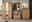 Garderoben-Set aus Holz in moderner Optik, bestehend aus einem großen Schrank mit Spiegel, einer Wandgarderobe mit Haken und Ablage, einer Sitzbank mit Schubladen und einem Spiegel, aus der Frontalperspektive betrachtet.