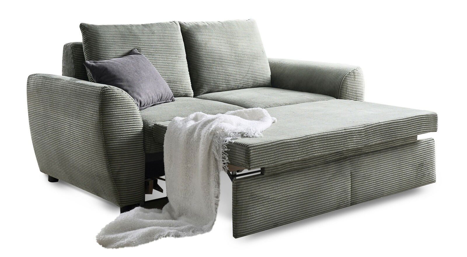 Funktionssofa in hellgrauem Stoff mit Kissen und Decke, seitliche Perspektive