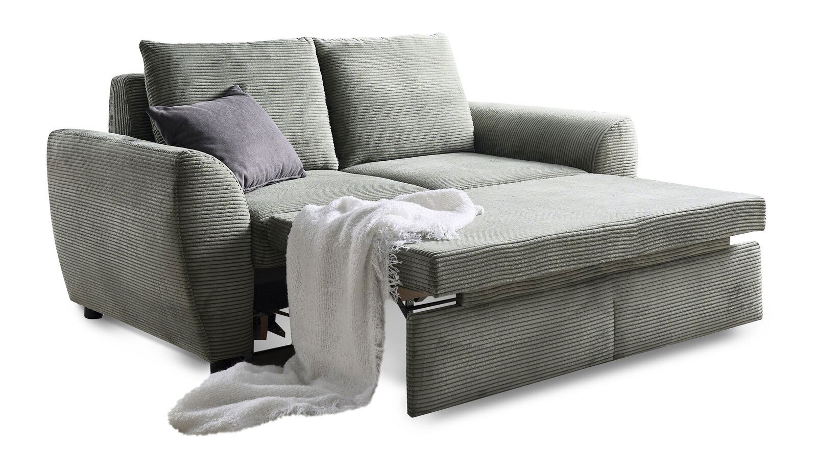 Funktionssofa in hellgrauem Stoff mit Kissen und Decke, seitliche Perspektive