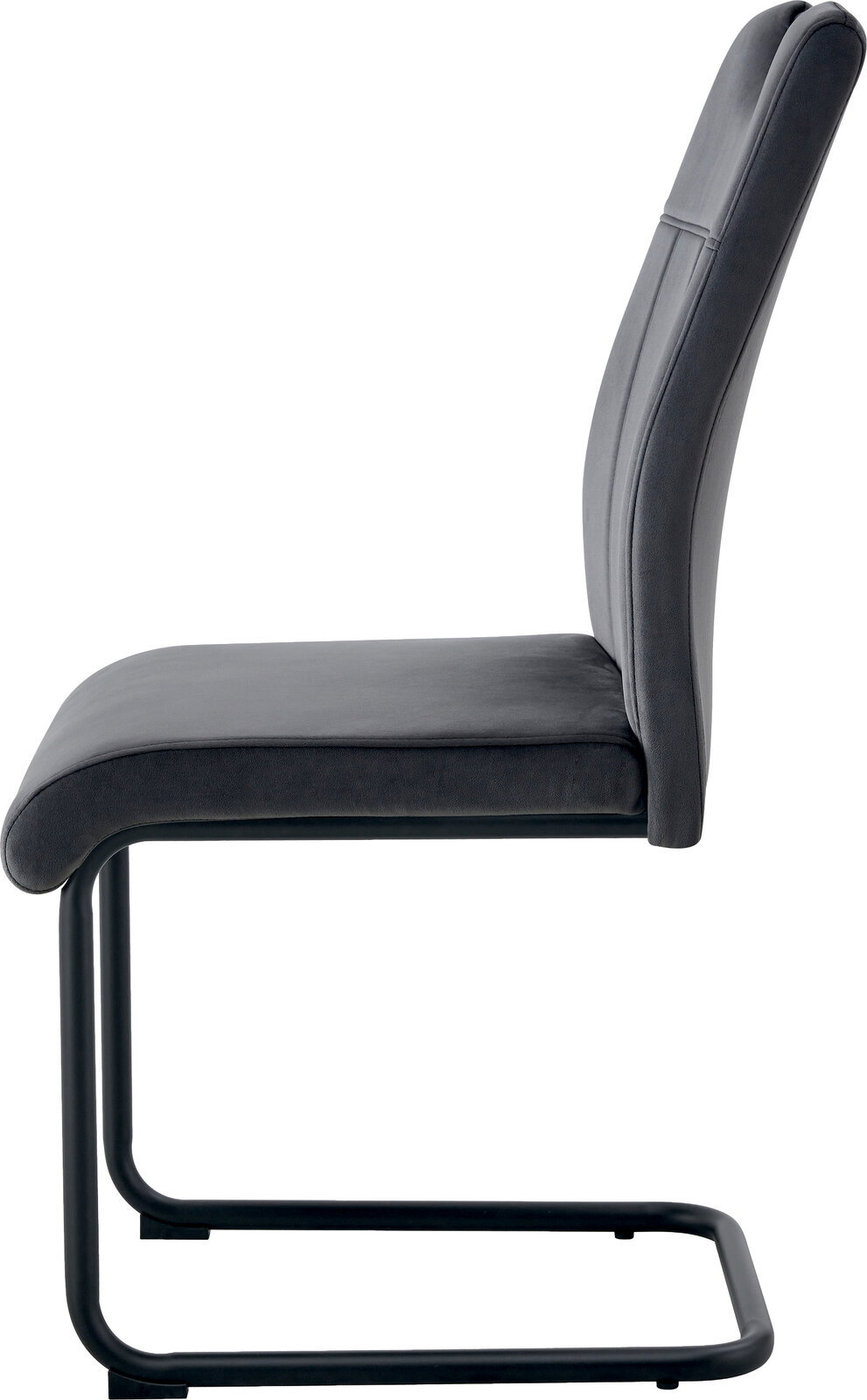 Gepolsterter Esszimmerstuhl in Dunkelgrau mit hoher Rückenlehne und schwarzem Freischwinger-Metallgestell, Seitenansicht