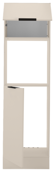 Frontansicht eines Backofen- und Kühlschrankumbaus in Beige mit offenem Fach und Tür.