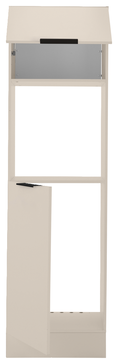 Frontansicht eines Backofen- und Kühlschrankumbaus in Beige mit offenem Fach und Tür.