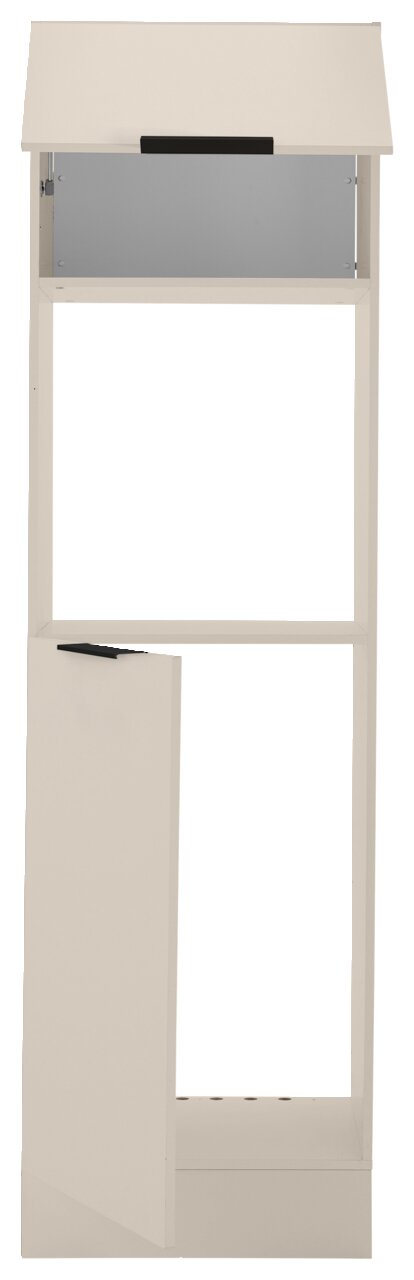 Vooraanzicht van een oven- en koelkastinbouw in beige, met een open vak en een deur.