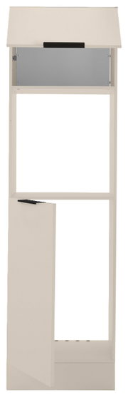 Vooraanzicht van een oven- en koelkastinbouw in beige, met een open vak en een deur.