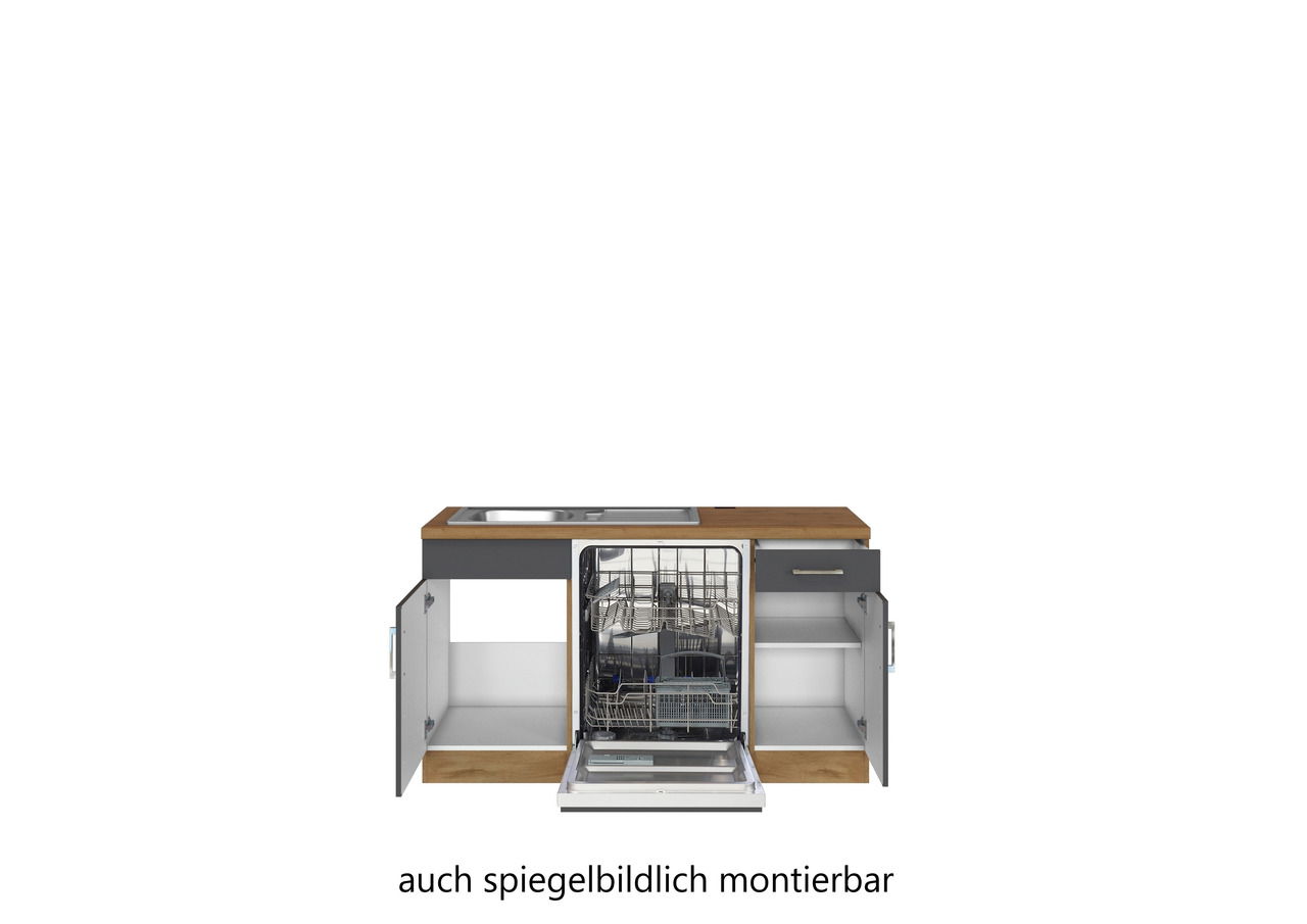 Frontansicht einer Eck-Küchenzeile mit Spüle, Geschirrspüler und Schränken, auch spiegelbildlich montierbar.